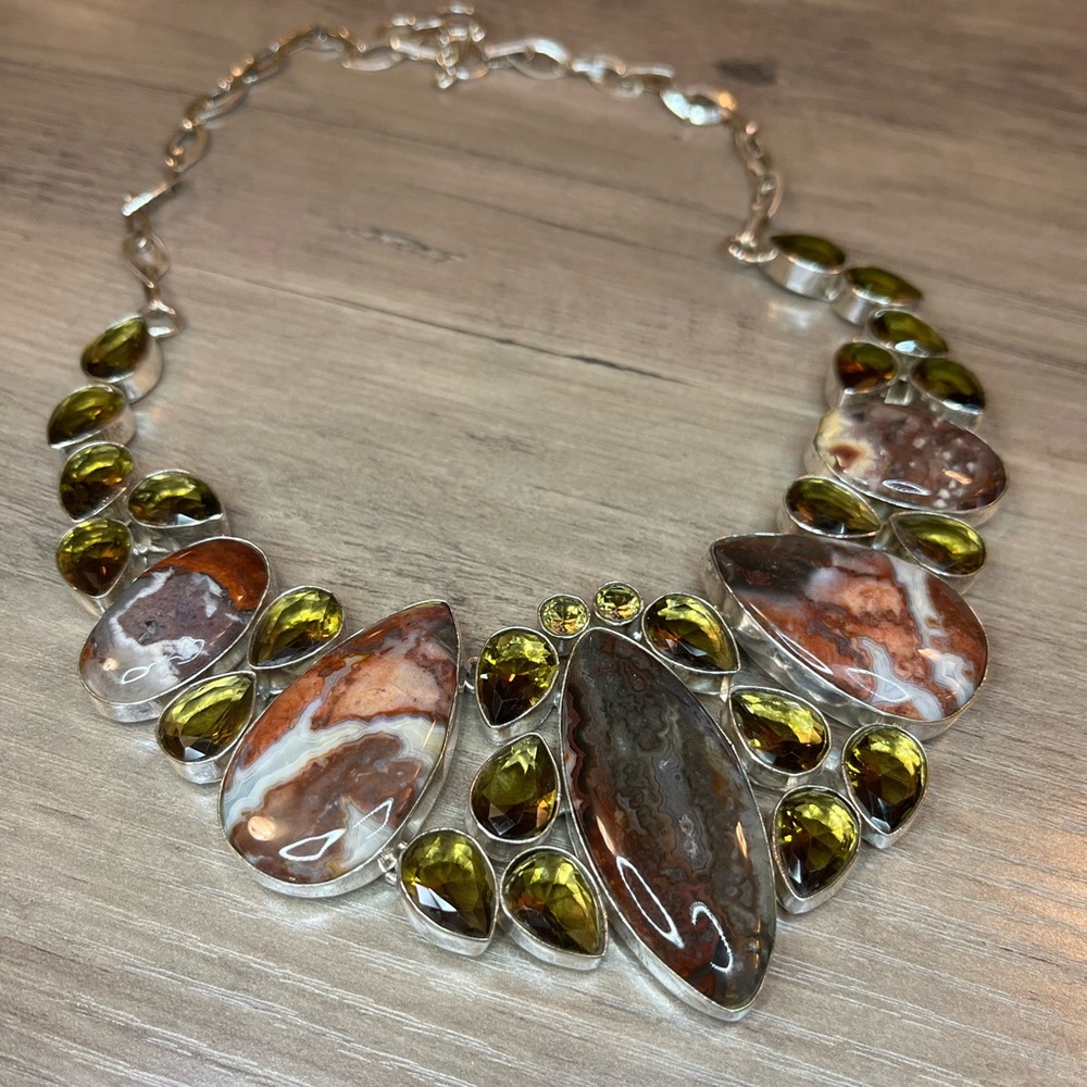 Elegant Red Jasper Gemstone and Smokey Quartz Statement Bib Necklace